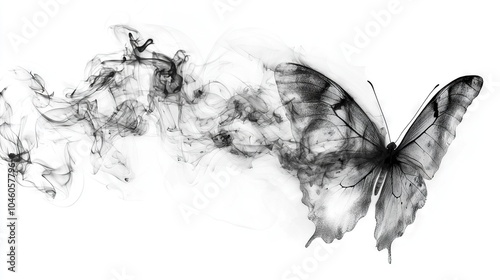  A monochromatic image of a butterfly with smoke emanating from its wings and rear wing edges