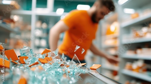 A dramatic scene of scattered glass pieces and orange objects on a surface within a store, highlighting a moment full of energy and unexpected chaos.