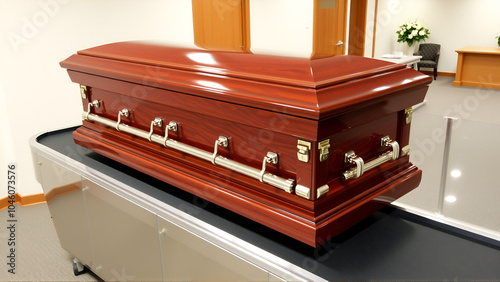 Elegantly Crafted Wooden Casket on Conveyor in Funeral Facility