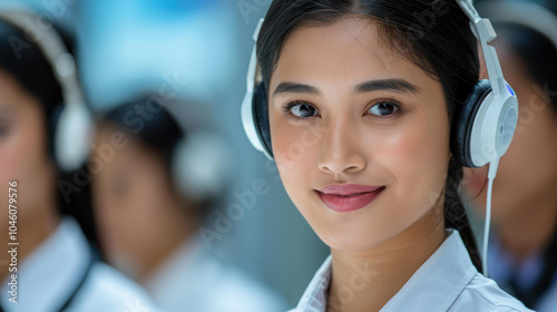 Dedicated woman in headphones, providing topnotch customer service in a sleek, modern office environment. Efficient and friendly support.