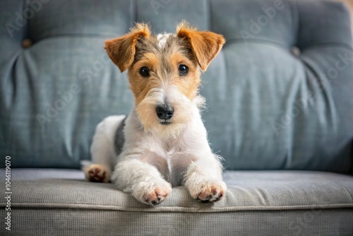 Symmetrical Fox Terrier puppy lying with toy on sofa