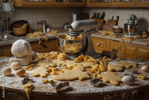 A chaotic kitchen where a mixer has splattered dough everywhere, covering cabinets and countertops. Christmas cookie shapes are barely recognizable.