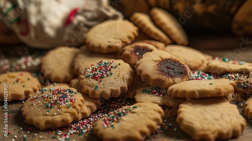 A close-up of a batch of misshapen Christmas cookies, with some burnt and some undercooked. Sprinkles are messily scattered, and half of the cookies are stuck together in a lumpy pile. 