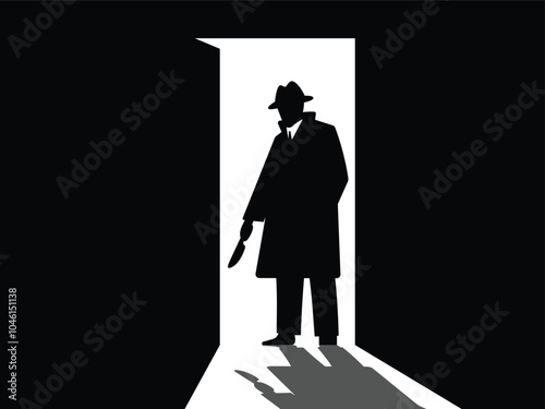 A silhouette of a killer holding a knife, standing in a doorway. mystery, danger, and crime scene.