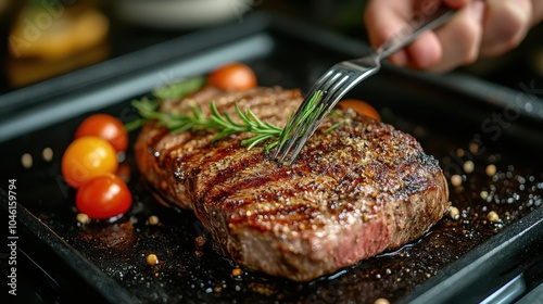 Grilled steak seasoned with pepper and herbs, served on a black tray with cherry tomatoes, representing a carnivore diet meal focused on meat-based nutrition.