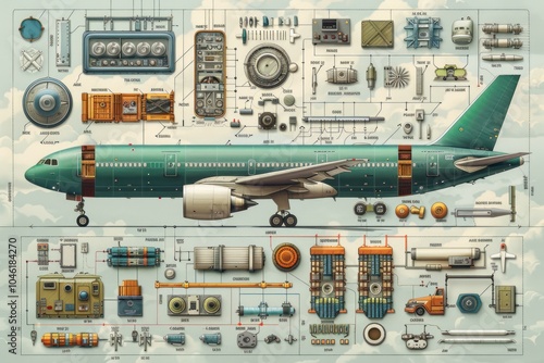 Detailed illustration of a large airplane with its components disassembled and labelled on a blue and white cloud background.