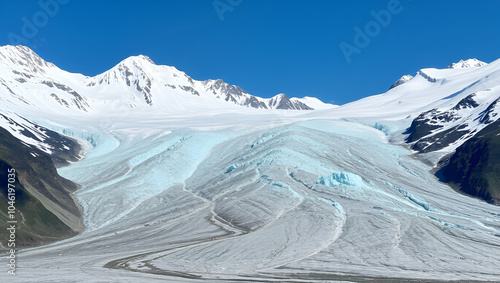 Glacier high in the mountains covered in permafrost ice