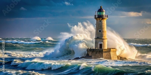 Stormy seascape with lighthouse engulfed in mistral wind