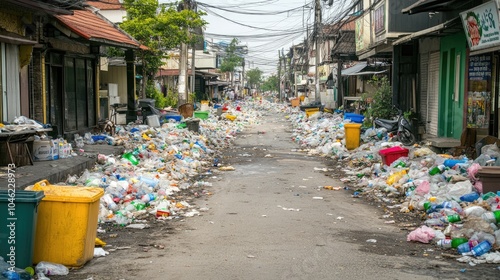 Urban Street Flooded with Garbage and Waste Bins