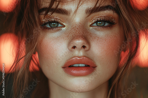 A girl with sparkly golden eyeshadow and freckles, lips slightly parted, under warm, soft lighting, exuding warmth and an ethereal, dreamy ambiance