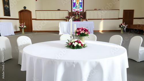 Round table with missals, candle holders and decorative flowers in the church arranged for wedding