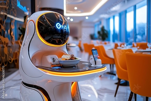 A high-tech restaurant with robot servers delivering food to customers, featuring futuristic lighting and design elements, capturing the innovation of future dining