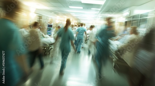 Emergency room: A busy and dynamic scene in the hospital emergency room, with doctors, nurses, and patients in action, highlighting the urgency and critical care environment.