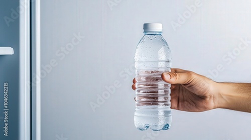 Hand reaching for a water bottle in a fridge, cold air and condensation emphasizing refreshment, hand and water in fridge, cold and refreshing