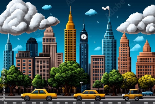 Pixel art of a retro city skyline with pixelated skyscrapers, tiny cars driving below, and a bright sunset in the background, capturing the nostalgic charm of pixelated cityscapes in a simple,