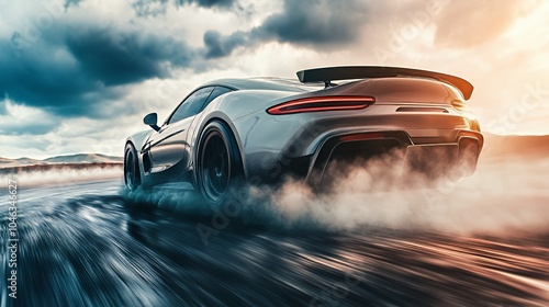 A sleek, silver sports car with a large rear wing speeds across a desert road, leaving a trail of smoke behind it. The sun sets in the background.