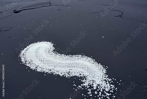 A dusting of white sand on the smooth dark surface of a lava flo