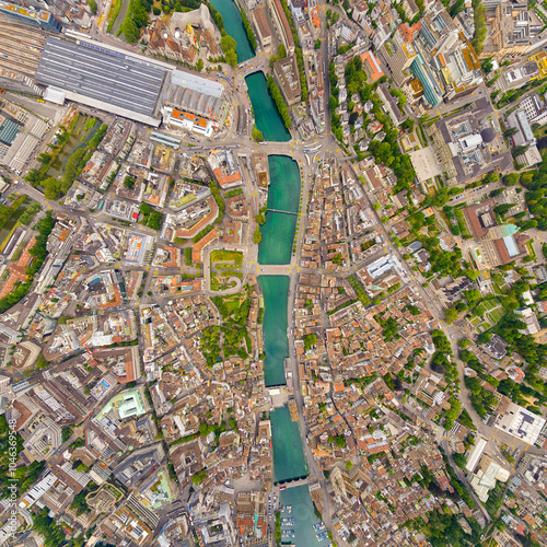 Zurich, Switzerland. Panorama of the city in cloudy weather. Summer day. Aerial view