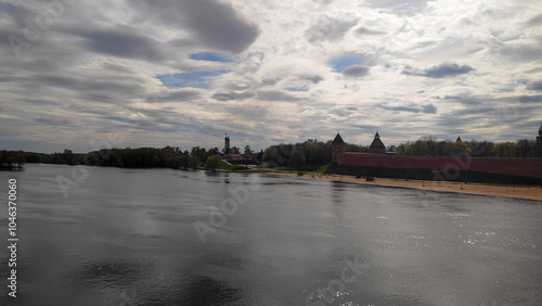 Veliky Novgorod, Russia. Kremlin walls. Volkhov River flood