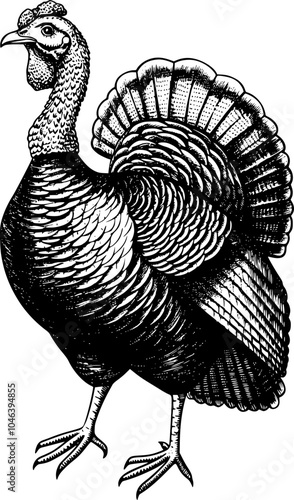 A detailed black and white illustration of a turkey with its head turned to the side, featuring intricate feathers.