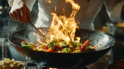 2410 100.A close-up of a chefâ€™s hands skillfully maneuvering a wok filled with stir-fried vegetables, flames dancing around the edges, capturing the intensity and precision of culinary skills in a