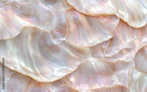 Mother-of-Pearl Texture: Smooth, pearly interior of a seashell, reflecting soft, iridescent hues. 