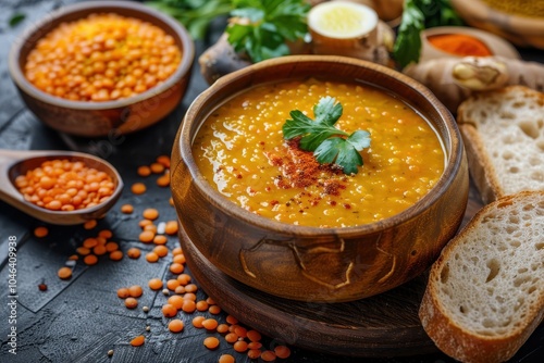 Blend of red lentil soup with rye bread lentils and spices Low calorie Eastern vegetarian meal Organic