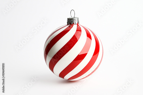 Single red and white striped Christmas bauble ornament on white background