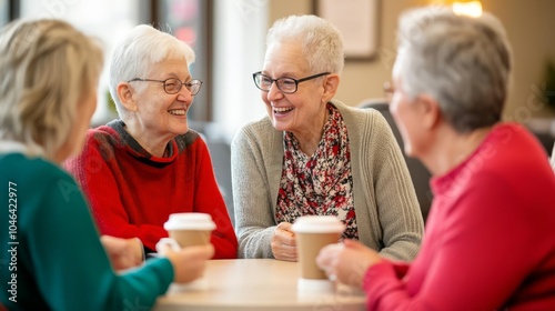 Group of seniors attending a coffee club meetup, chatting over lattes