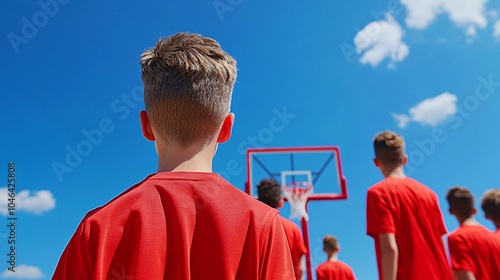 Youth basketball team practicing layup drills on a sunny court sharp focus high detail ultra HD