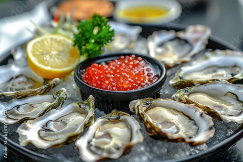 Fresh oysters on ice with lemon sauce and caviar in a restaurant