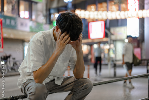 路上で頭を抱える男性