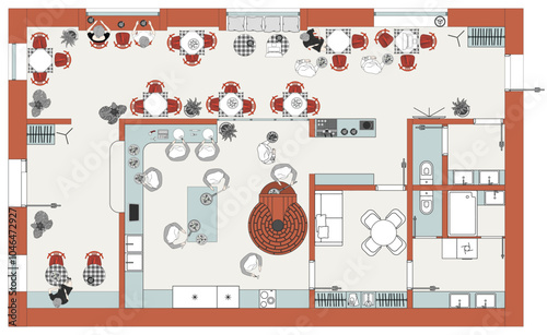 Design project of a restaurant with an open chef kitchen. Dining room layout of the hall and kitchen in the pizzeria. Interior of cafe is a top view with furniture arrangement. Vector