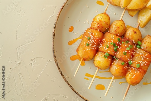 Top view delicious Korean style potato corn dogs with fried potatoes on cream background with space for text