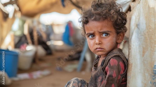 A sad child in a camp for displaced people from the war