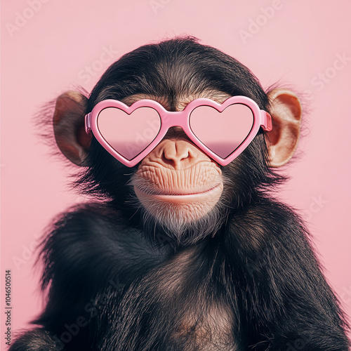 Baby chimpanzee wearing pink heart-shaped sunglasses against pink background