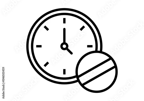 Icono negro de reloj y pastilla de hora de tomar medicación