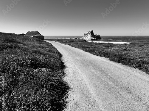 A black and white coastal scene capturing the winding gravel road leading to the historic Piedras Blancas foghorn building, with a dramatic sea stack rising from the Pacific.