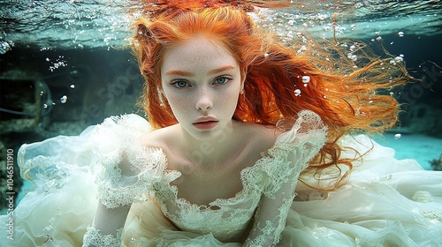 topmodel, underwater shooting, stunning shot of a gorgeous young woman with red hair, professional photography, magazine quality