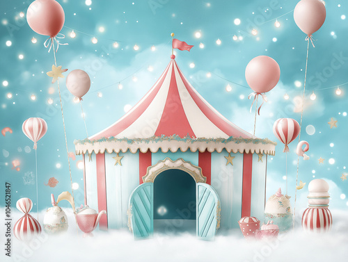 Whimsical Carnival Circus Tent with Balloons and Confetti in Vibrant Fairground Fantasy