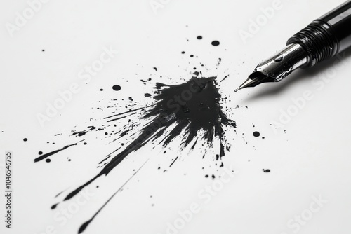 Ink leaking from a broken pen onto a sheet of paper, spreading out in a blot. The image conveys the unexpected mess and the frustration of dealing with faulty stationery.