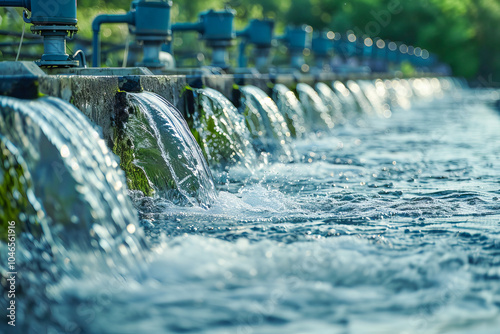 Water treatment plant releasing purified water into river