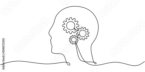 Human Head with Gears Inside Continuous Line Drawing for Psychology Concept Minimalist Design