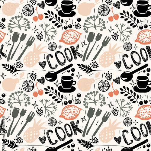 Cooking and kitchen seamless pattern. Vector illustration in doodle style. Sketch for culinary and restaurant design