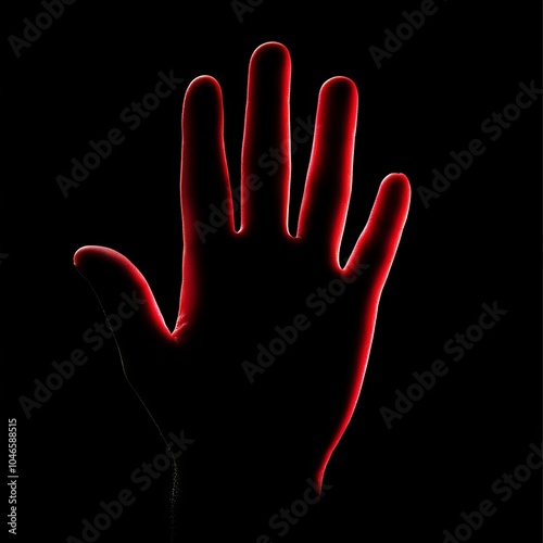 A silhouetted hand dramatically highlighted by a vibrant red light against a black background, emphasizing themes of mystery, intrigue, and emotion. An artistic expression.