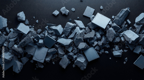 Abstract arrangement of textured rocks and cubic shapes in a horizontal line on a dark background.