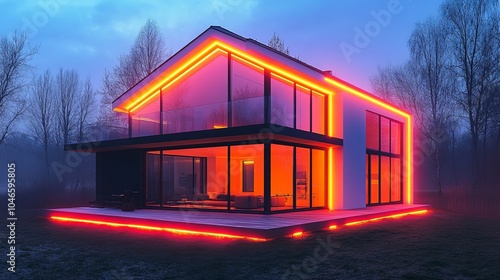 An ultra-modern house is adorned with vibrant neon lights, casting an alluring glow in the twilight, embodying both innovative design and aesthetic appeal.