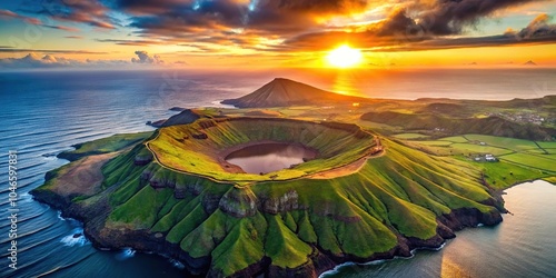 Sunset aerial drone shot of the ancient Pico Dona Joana volcano on Terceira, Azores