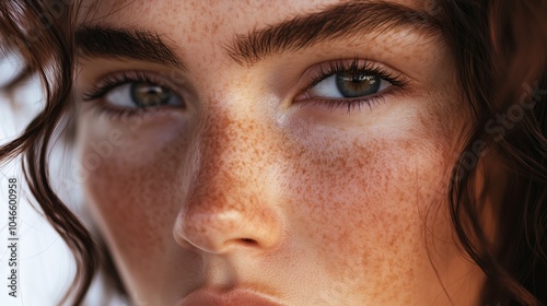 Intense close-up of a face featuring natural freckles and curly hair, highlighting skin texture and eye detail for beauty contexts.