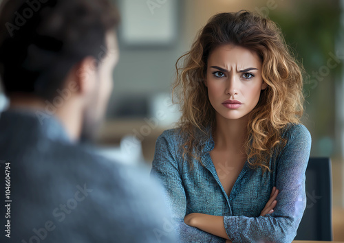 disagreement of a woman with curly hair and a man sitting in front of her